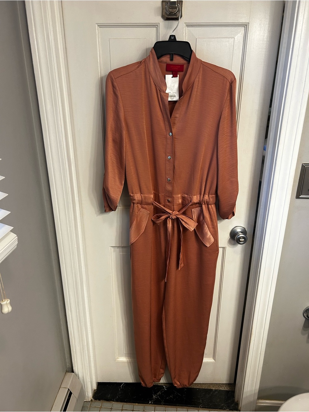 Jennifer Lopez Terracotta Button-Front Jumpsuit with Tie Waist